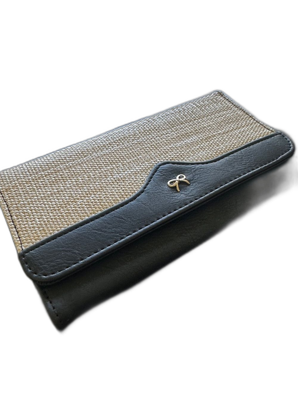 Hato Hasi Woven Straw and Black Trim Clutch Wallet